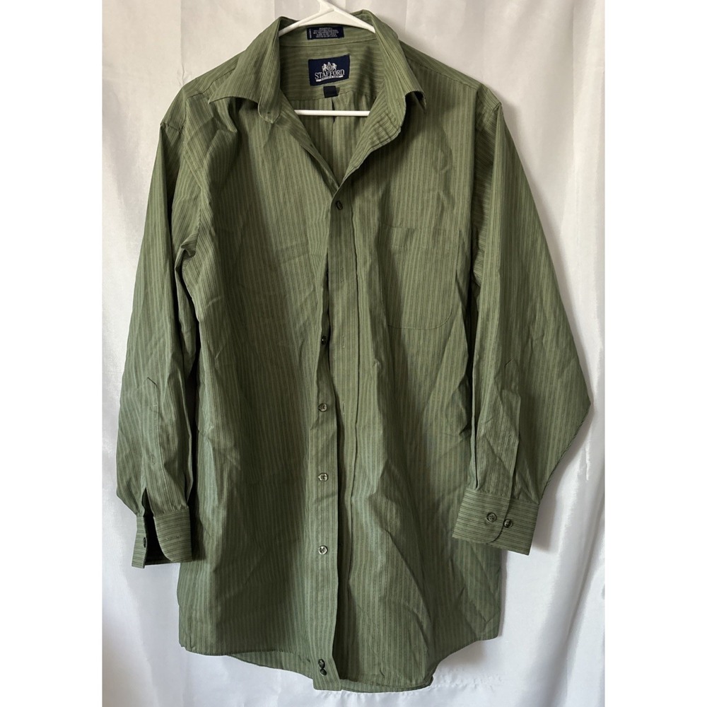 Stafford Shirt Mens Size 16.5 Green Striped Long Sleeve Button Down Cotton Blend
